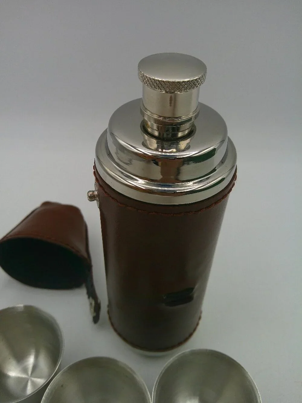 Dark Brown Leather Bottle Flask Stainless Steel 3 Cups H-6